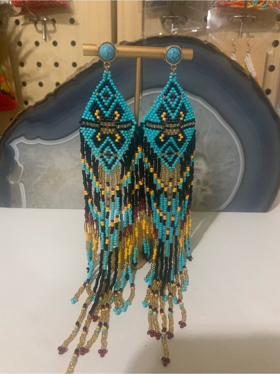 Handmade Jewelry - Turquoise Beaded Fringe Statement Earrings -